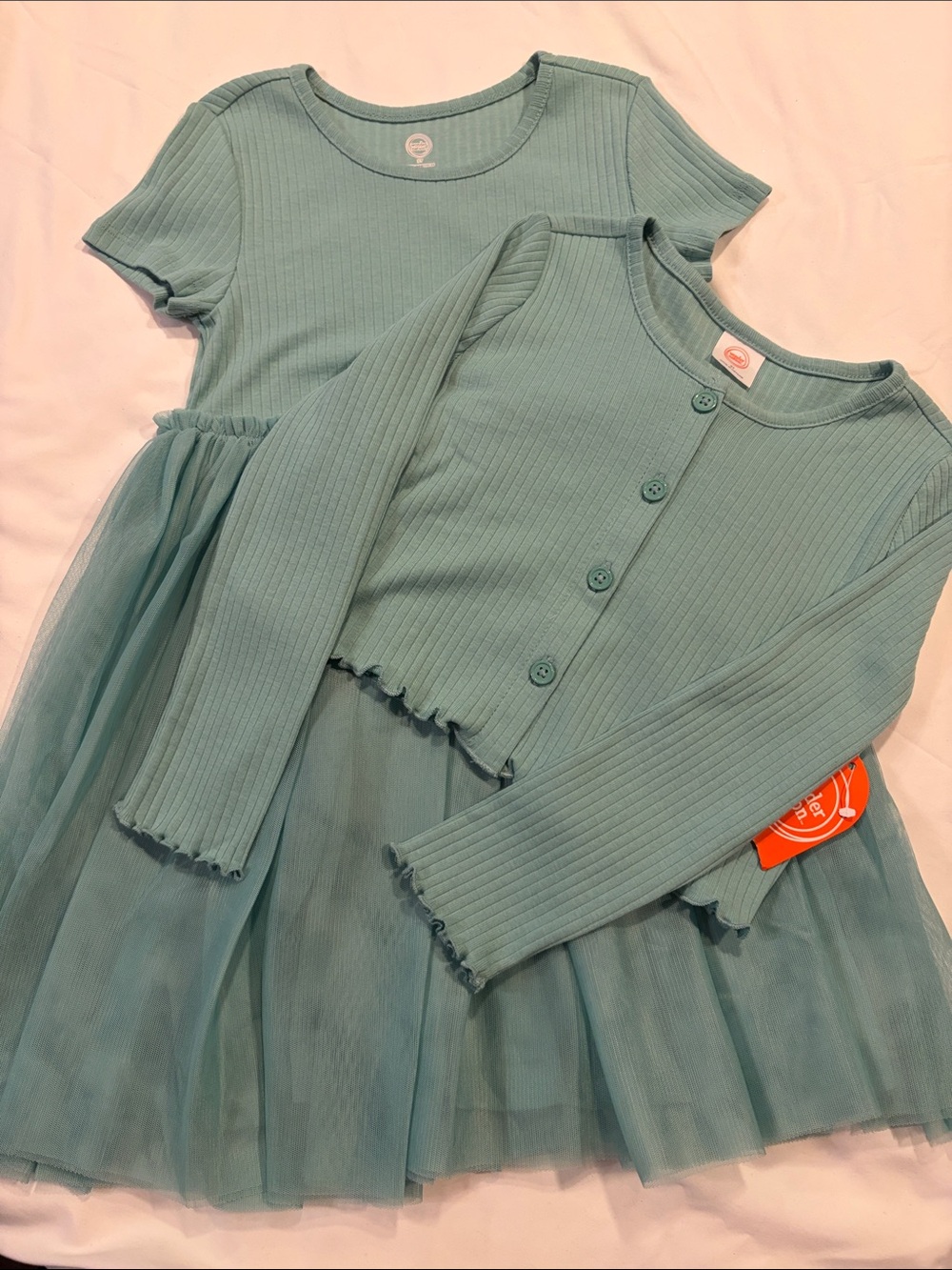 NWT Girls' Green Aqua Ribbed Tulle Dress & Cardigan Set 101,102